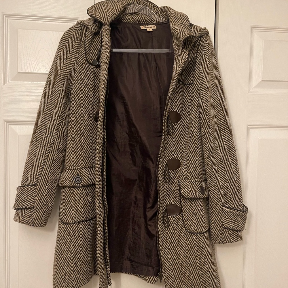 Forever 21 Medium Brown/Cream hooded Tweed Peacoat
